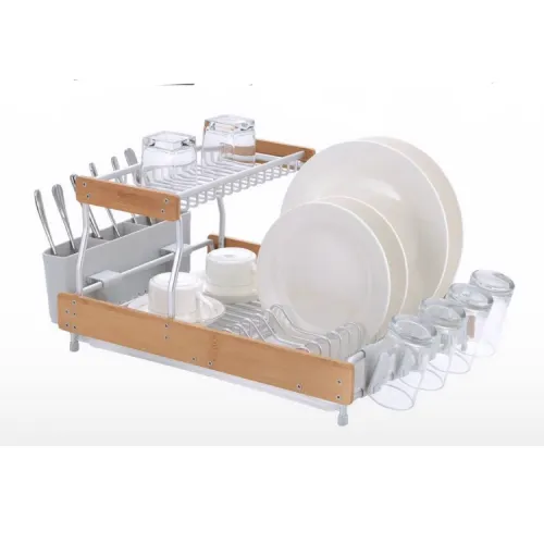 2 tier Aluminium Dish Rack With Wood