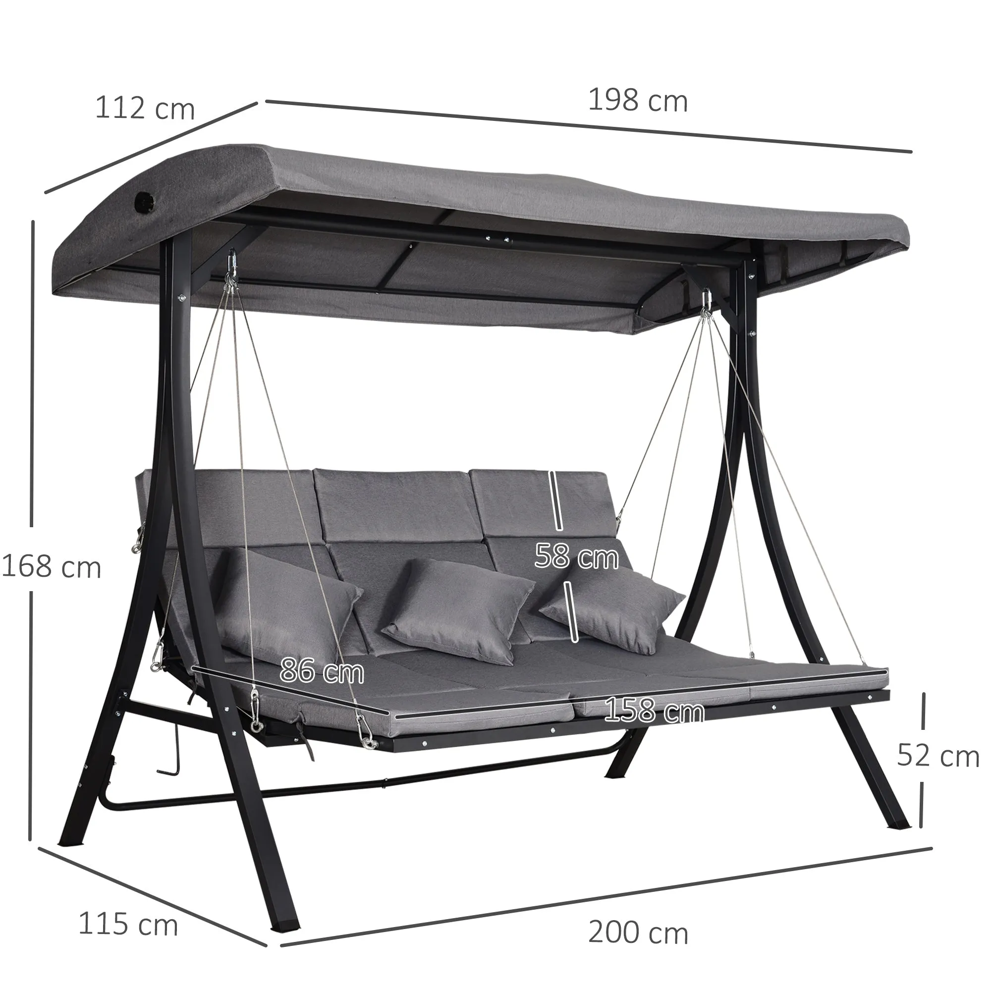 3 Seater Garden Swing Seat Outdoor Swing Chairs Chaise Lounge Padded Seat Hammock Canopy Porch Patio Bench Bed Recliner Sun Lounger - Grey