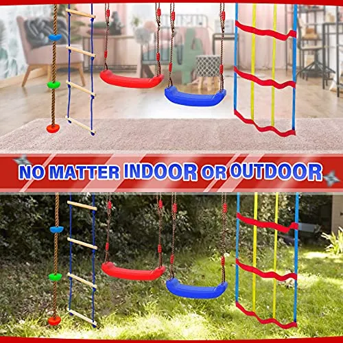 AMOSTING Warrior Obstacle Ninja Course for Kids Backyard,9 Hanging Obstacles 50FT,Outdoor Activities Playset with 2 Swing,Climbing Rope Swing,Colorful Climbing Net,Ladder,Arm Trainer