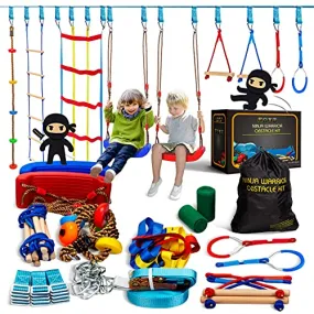 AMOSTING Warrior Obstacle Ninja Course for Kids Backyard,9 Hanging Obstacles 50FT,Outdoor Activities Playset with 2 Swing,Climbing Rope Swing,Colorful Climbing Net,Ladder,Arm Trainer