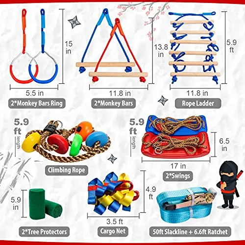 AMOSTING Warrior Obstacle Ninja Course for Kids Backyard,9 Hanging Obstacles 50FT,Outdoor Activities Playset with 2 Swing,Climbing Rope Swing,Colorful Climbing Net,Ladder,Arm Trainer