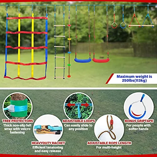 AMOSTING Warrior Obstacle Ninja Course for Kids Backyard,9 Hanging Obstacles 50FT,Outdoor Activities Playset with 2 Swing,Climbing Rope Swing,Colorful Climbing Net,Ladder,Arm Trainer