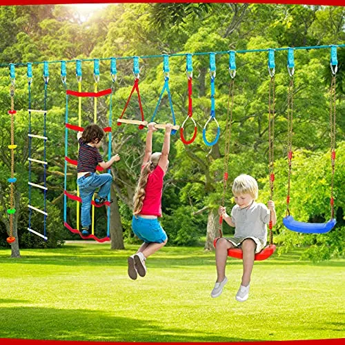 AMOSTING Warrior Obstacle Ninja Course for Kids Backyard,9 Hanging Obstacles 50FT,Outdoor Activities Playset with 2 Swing,Climbing Rope Swing,Colorful Climbing Net,Ladder,Arm Trainer