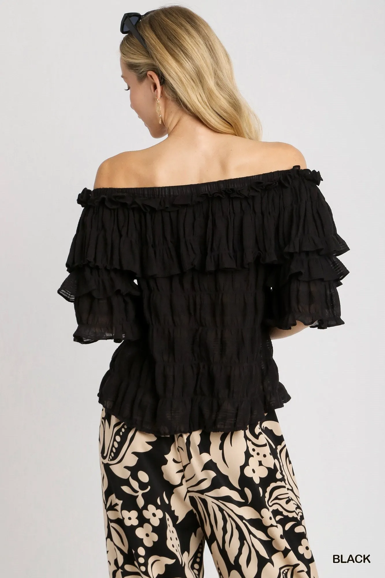 Black Textured Multi Layer Ruffle Top