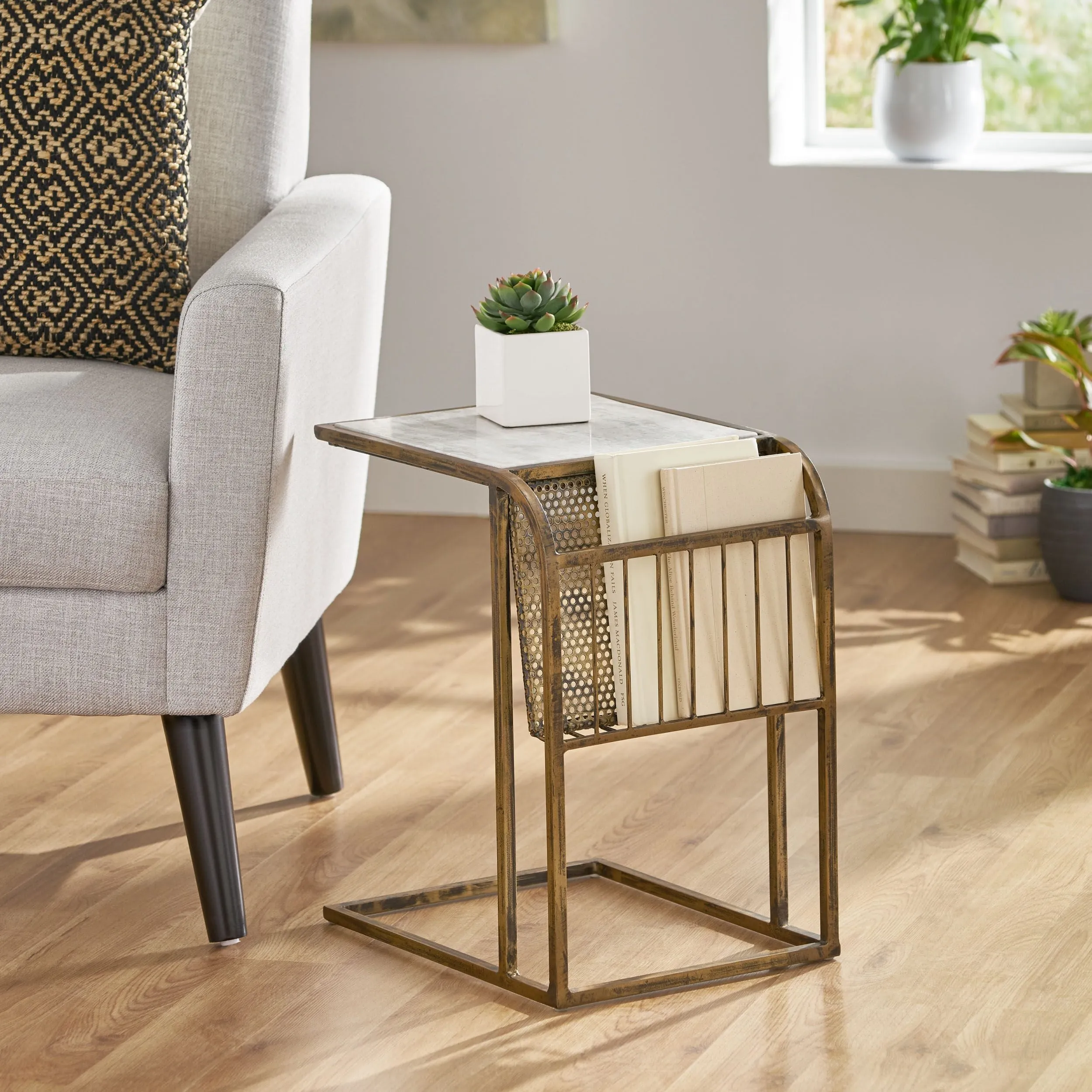 Boho Glam Handcrafted Marble Top C-Shaped Side Table with Magazine Rack, Natural White and Antique Brass - NH387413