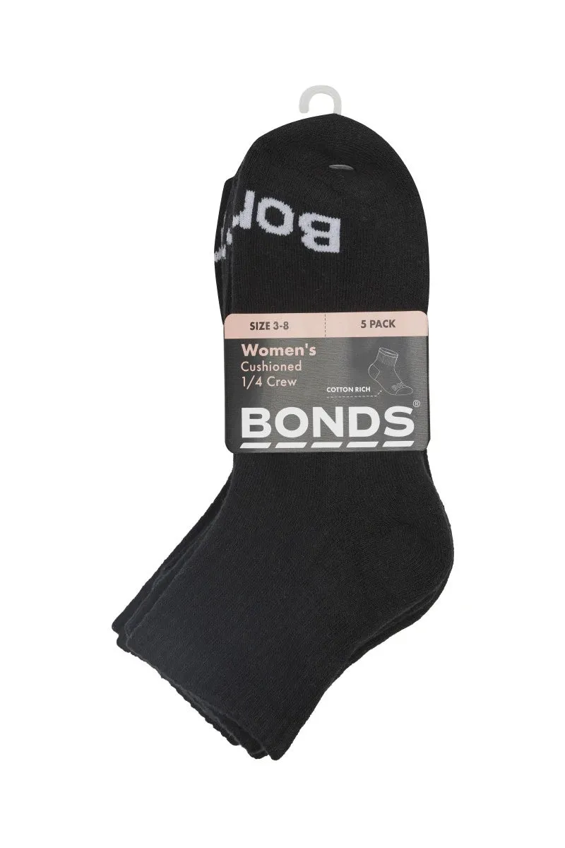 Bonds Womens Value Cushioned Quarter Crew Socks 5 Pack - Black