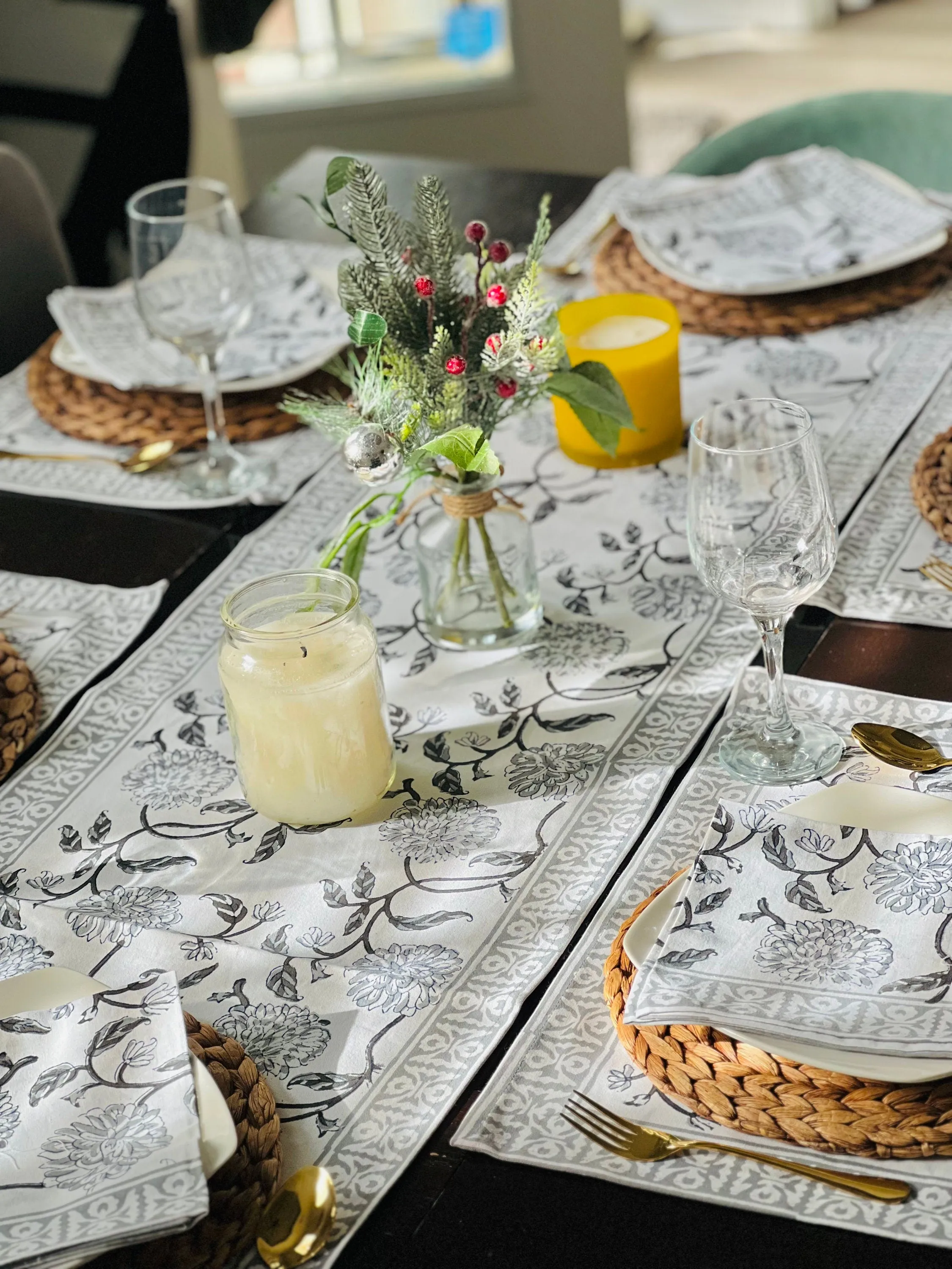 Floral Table Runner and Placement with napkins , Indian Block Printed Table Runner, Handmade Table Runner