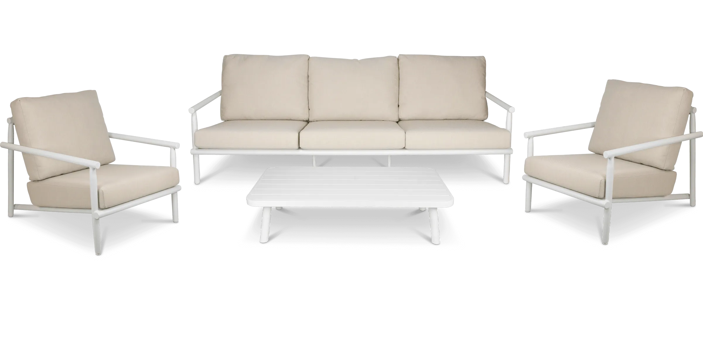 Havana 3 Seater with 2 x Armchair and Coffee Table in Arctic White with Dune Rope Inlay and Olefin Cushions