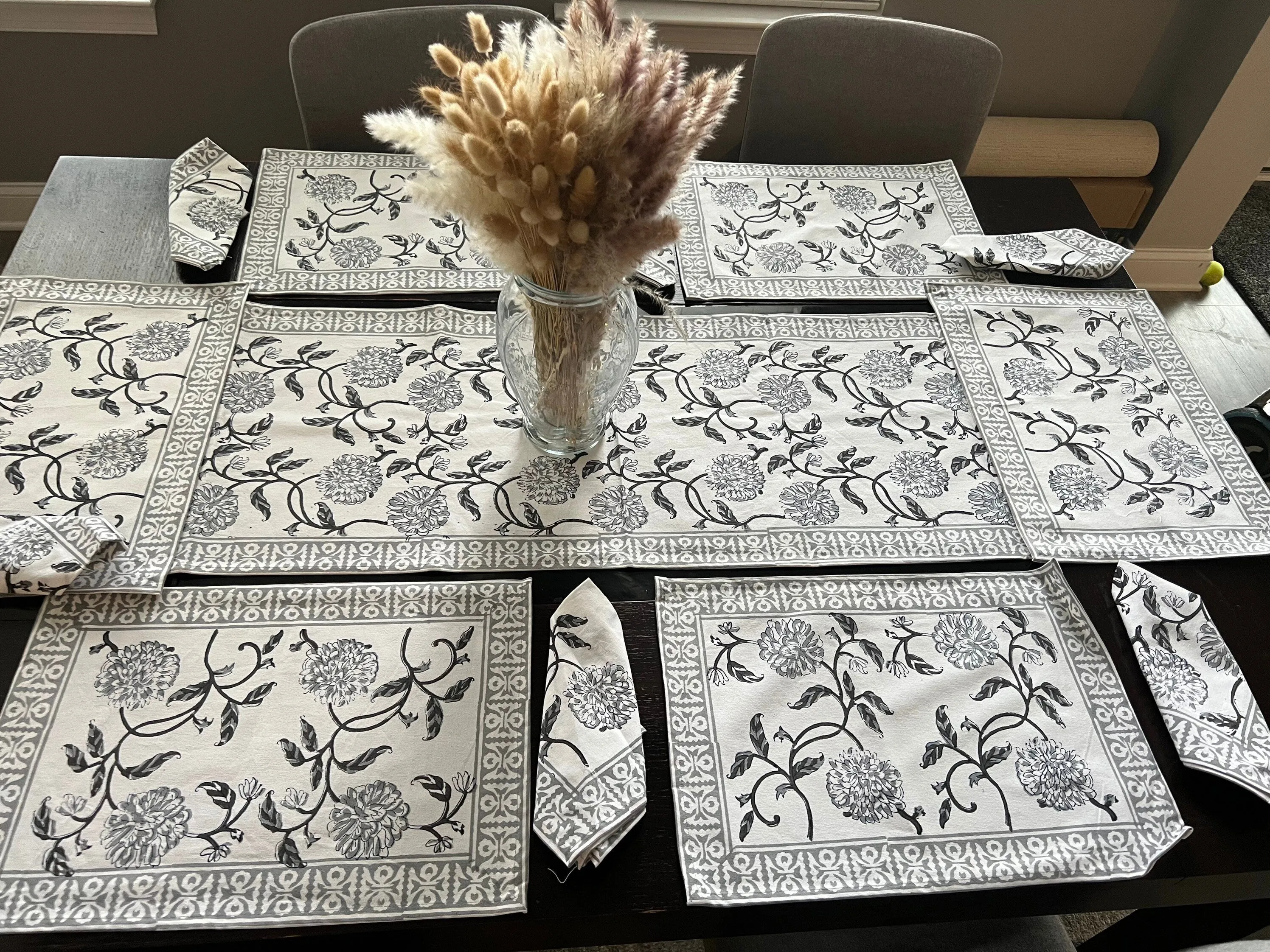 Indian Block Print Table Runner, Indian Floral Hand Block Printed Cotton Napkins, Table Mats, White and Red, Gift for Her