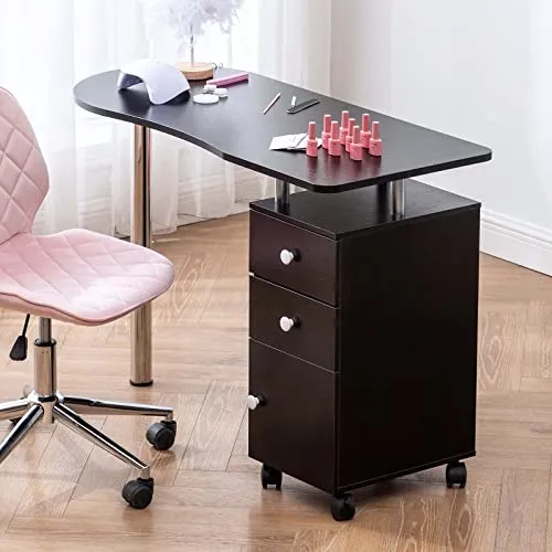 Paddie Manicure Table Salon Nail Table, Acetone Resistant Wooden Salon Nail Desk w/Single Cabinet, Drawers, Controllable Wheels & Client Wrist Pad