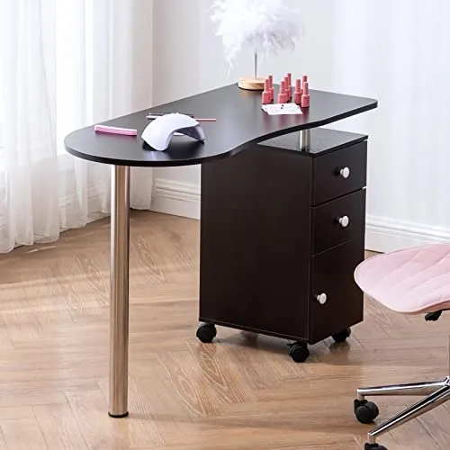 Paddie Manicure Table Salon Nail Table, Acetone Resistant Wooden Salon Nail Desk w/Single Cabinet, Drawers, Controllable Wheels & Client Wrist Pad