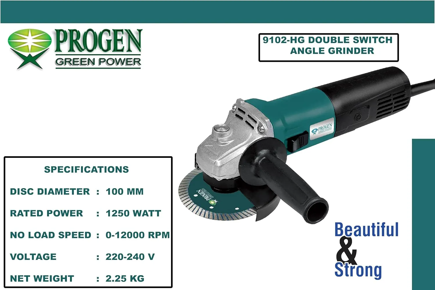 PROGEN 9102-HG, 1250W 4-inch Heavyduty Angle Grinder with Double Switch for Grinding, Cutting, Sharpening, Polishing, Removing Rust (12000Rpm)