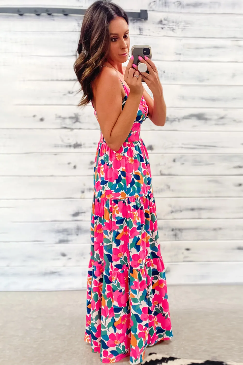 Rose Floral Twisted Smocked Back Tiered Maxi Dress