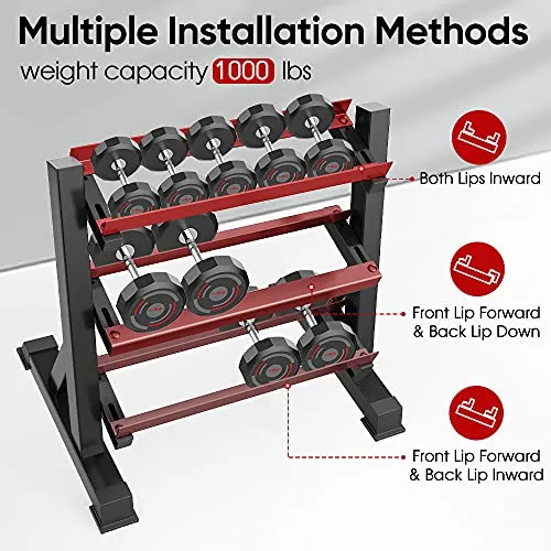 THERUN Adjustable 3 Tier Dumbbell Rack Stand, Hex dumbbells Hand Weights Rack Dumbbell Holder Home Gym Storage Organizer, Reverse Install Available (Rack Only)