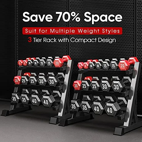 THERUN Adjustable 3 Tier Dumbbell Rack Stand, Hex dumbbells Hand Weights Rack Dumbbell Holder Home Gym Storage Organizer, Reverse Install Available (Rack Only)