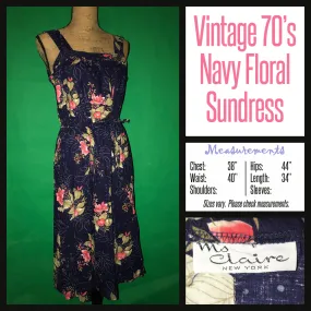 Vintage 70's Navy Blue Floral Print Sun Dress 38B L Large