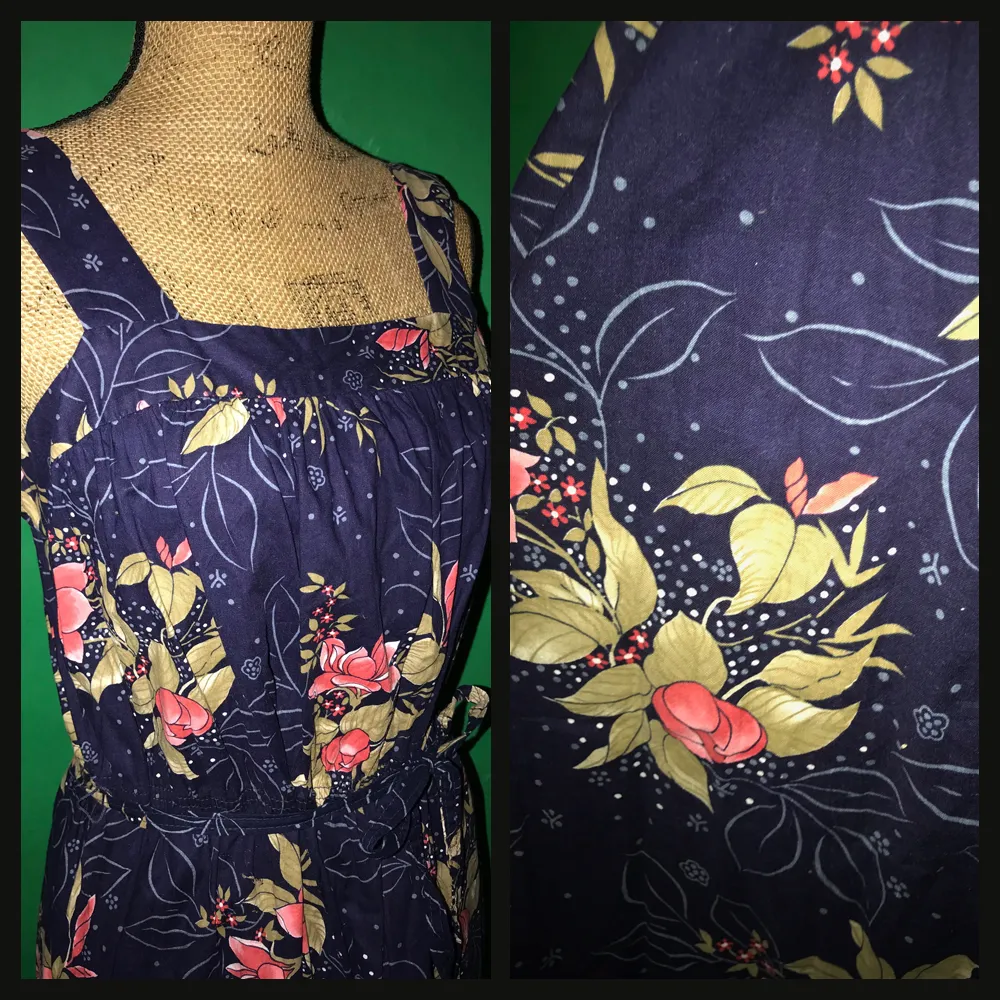 Vintage 70's Navy Blue Floral Print Sun Dress 38B L Large