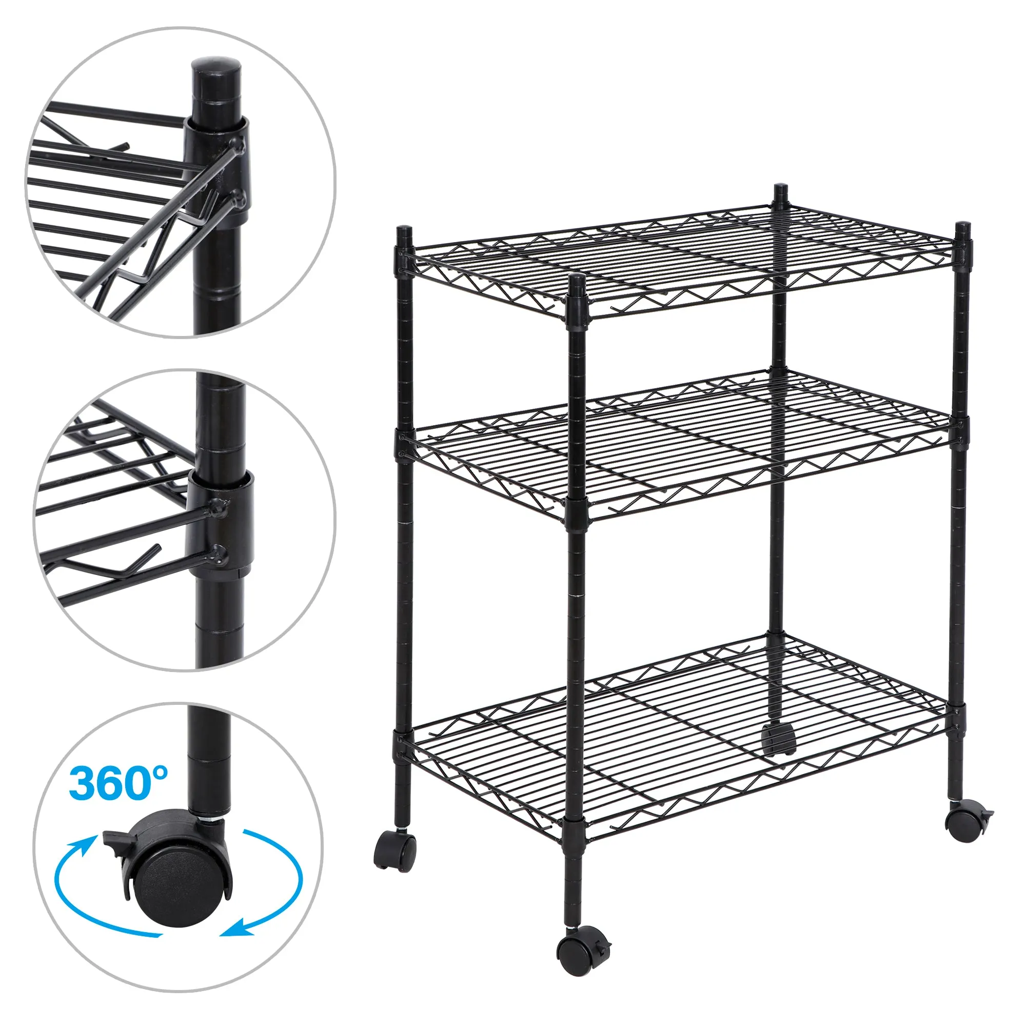 ZENY™ 3-Shelf Adjustable Heavy Duty Storage Wire Shelving Unit,Cart with Wheels