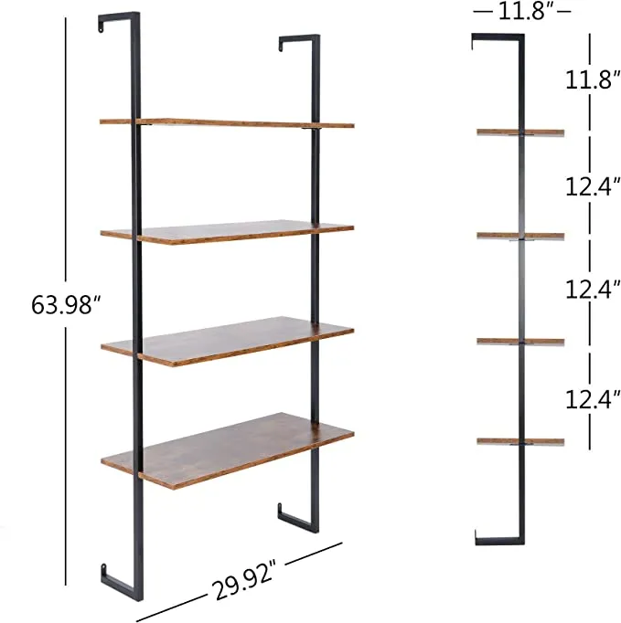 ZENY™ 4-Tier Wall Mount Floating Shelves with Natural Wood and Industrial Pipe Metal Frame